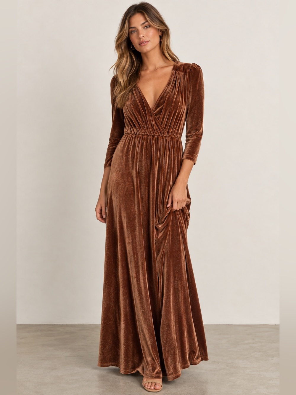 Baltic Born Brown Velvet Wrap Maxi Dress XS Long Sleeve Wedding Guest